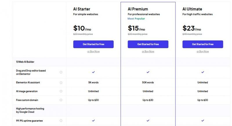 10Web Pricing Screenshot