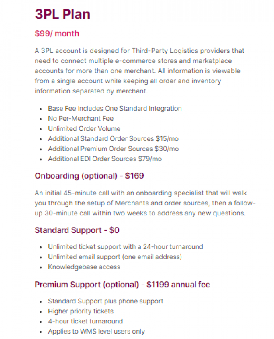 3PL Warehouse Manager Pricing Screenshot
