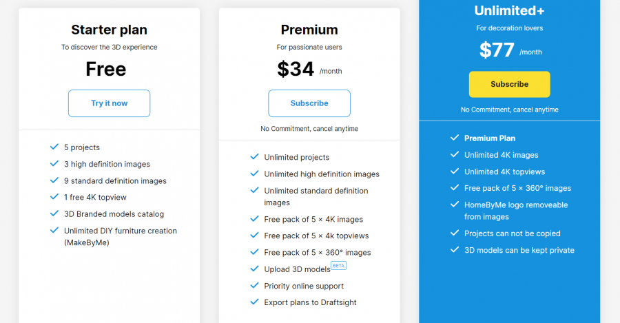 HomeByMe Pricing Screenshot