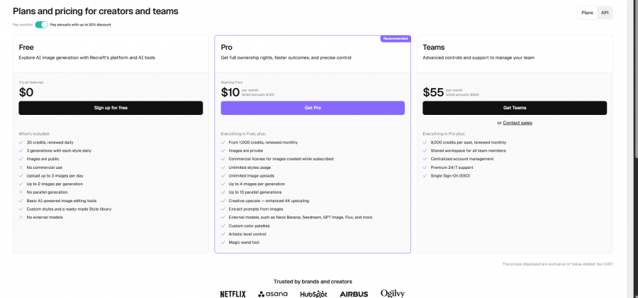 Recraft Pricing Screenshot