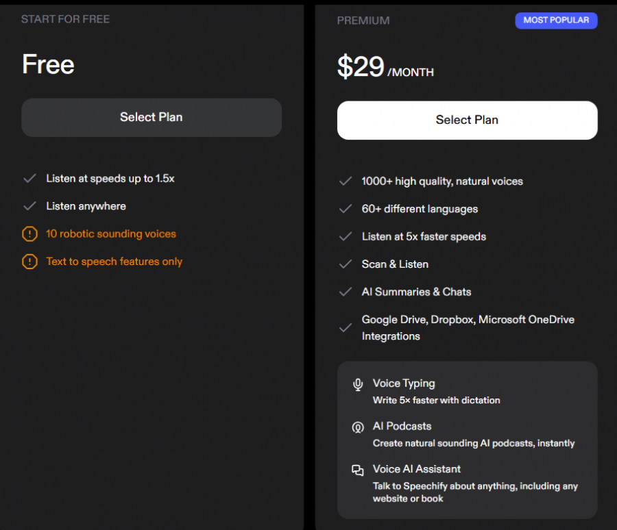 Speechify Pricing Screenshot