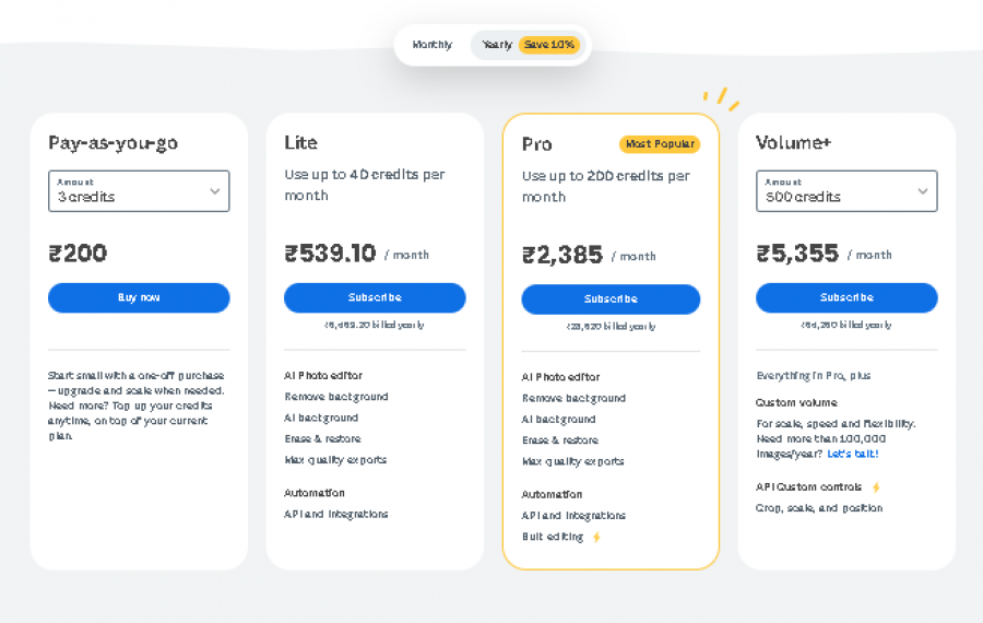 Remove.bg AI Pricing Screenshot