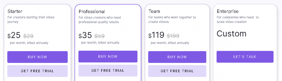 Pictory AI Pricing Screenshot