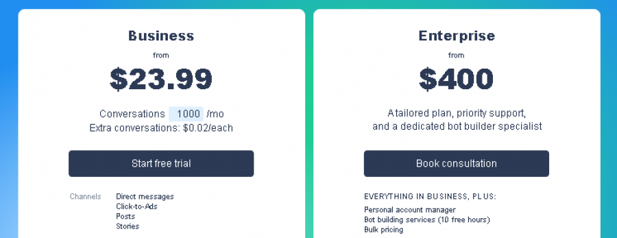 Chatfuel AI Pricing Screenshot