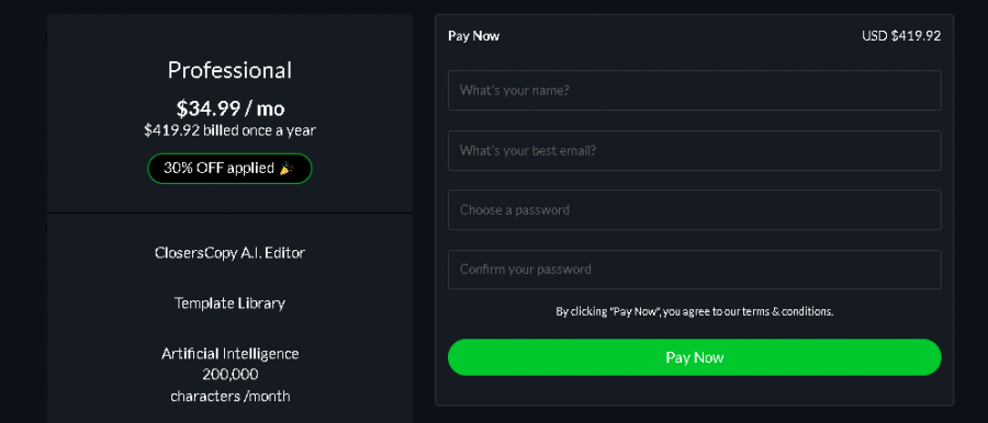 ClosersCopy Pricing Screenshot