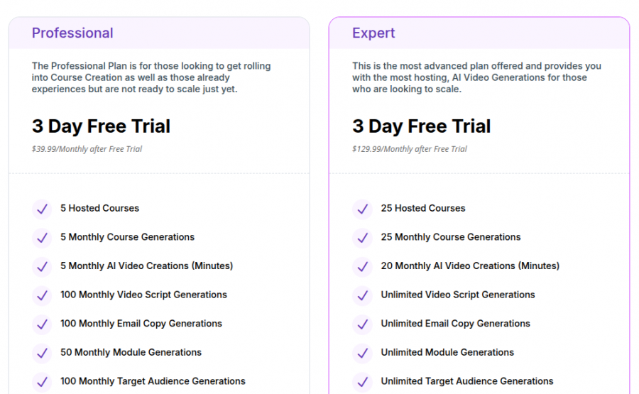 CourseAI Pricing Screenshot