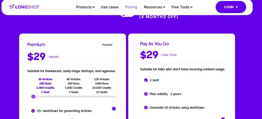 LongShot AI Pricing Screenshot