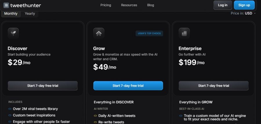 Tweet Hunter Pricing Screenshot