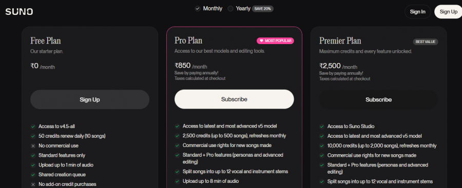 Suno Pricing Screenshot