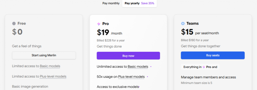 Merlin Pricing Screenshot