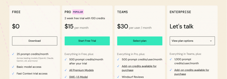 Windsurf Pricing Screenshot