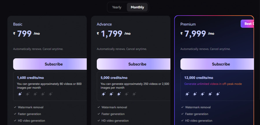 ToMoviee AI Pricing Screenshot