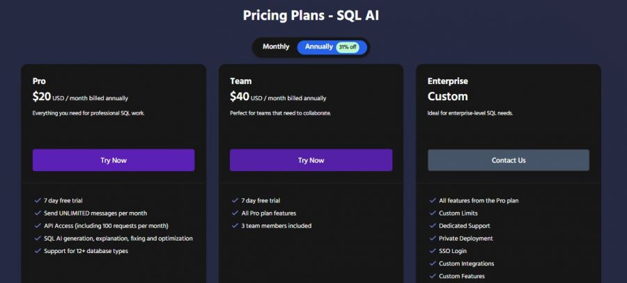 Text2SQL Pricing Screenshot