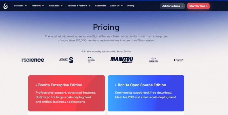 Bonitasoft Pricing Screenshot