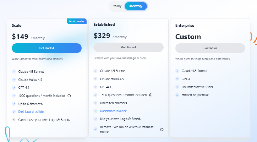 AskYourDatabase Pricing Screenshot