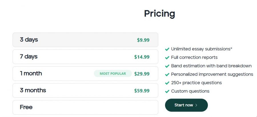 IELTSWritingPro Pricing Screenshot