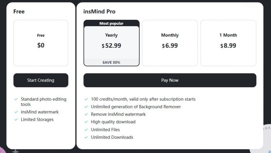 insMind Pricing Screenshot