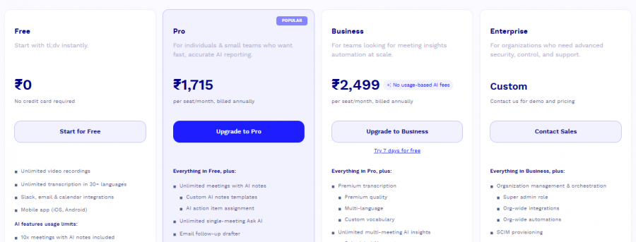 tldv Pricing Screenshot