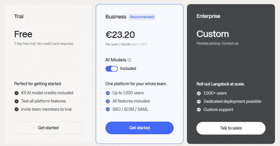 Langdock Pricing Screenshot