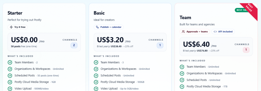 Postly Pricing Screenshot