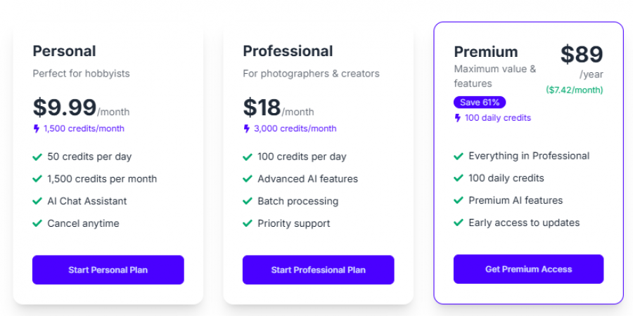 Photor AI Pricing Screenshot