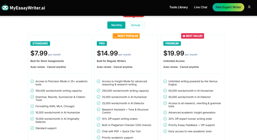 MyEssayWriter.ai Pricing Screenshot