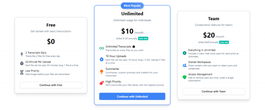 Transcript.LOL Pricing Screenshot