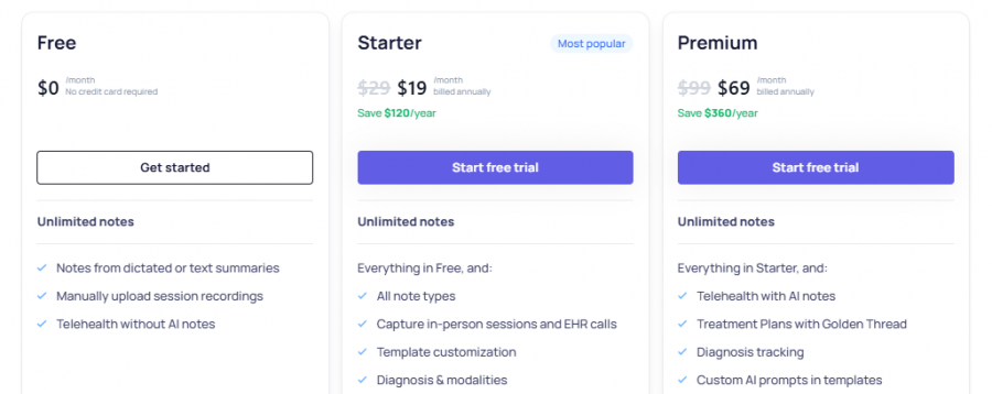 Upheal Pricing Screenshot
