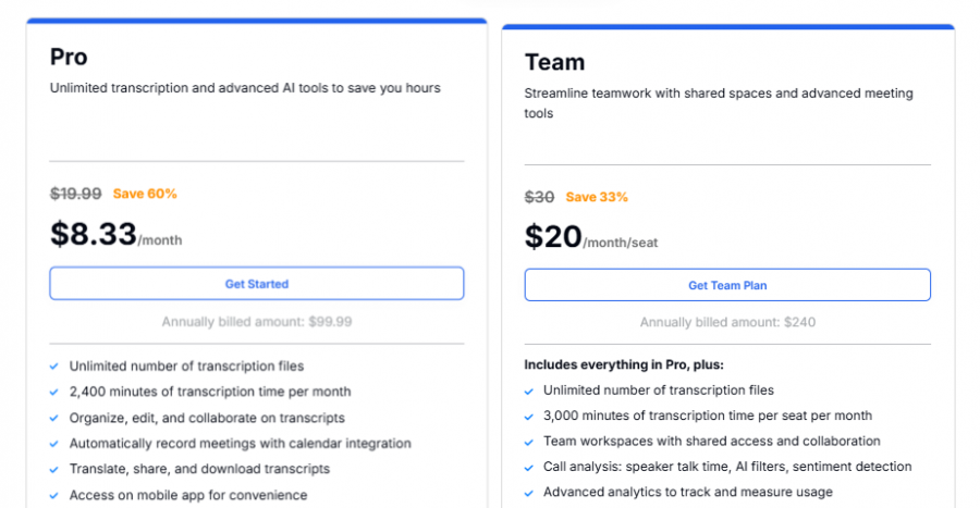 Transkriptor Pricing Screenshot