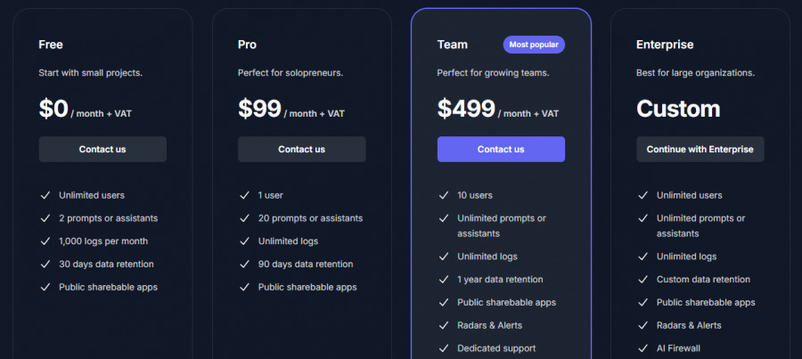 Langtail Pricing Screenshot