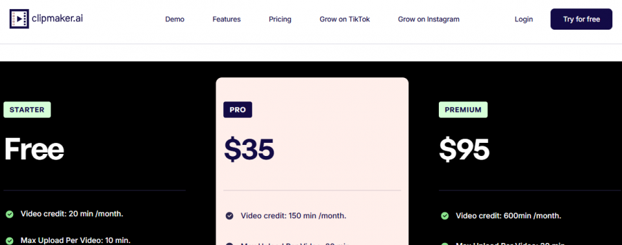 ClipMaker AI Pricing Screenshot
