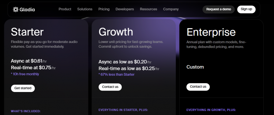 Gladia Pricing Screenshot