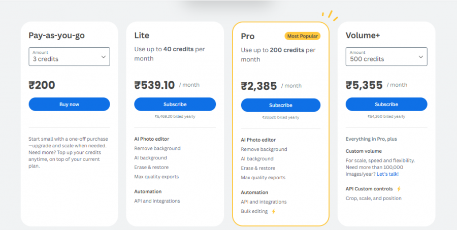 Remove-BG.AI Pricing Screenshot