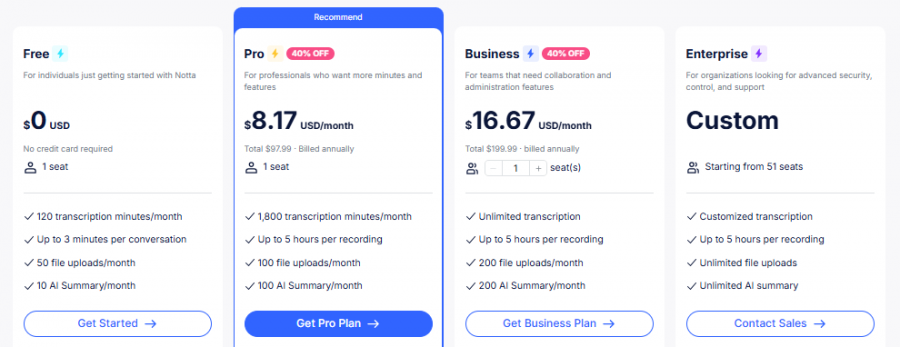 Notta Pricing Screenshot
