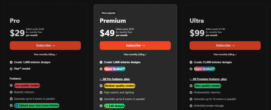 InteriorAI Pricing Screenshot