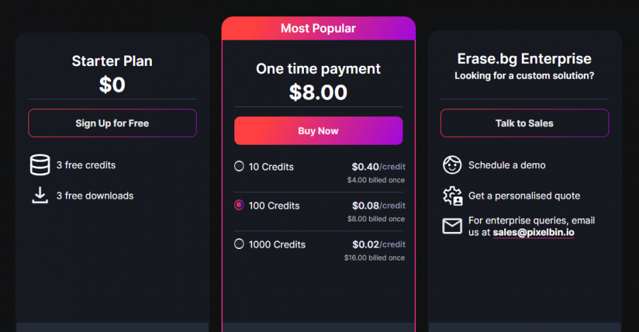 Erase.bg Pricing Screenshot