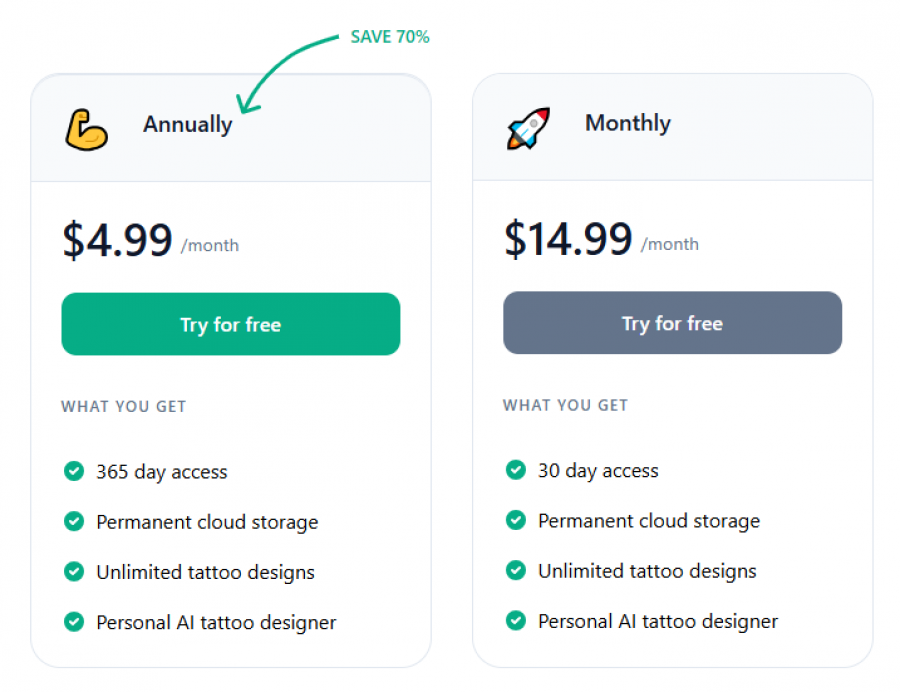 TattoosAI Pricing Screenshot