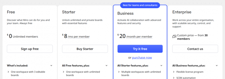 Miro Pricing Screenshot