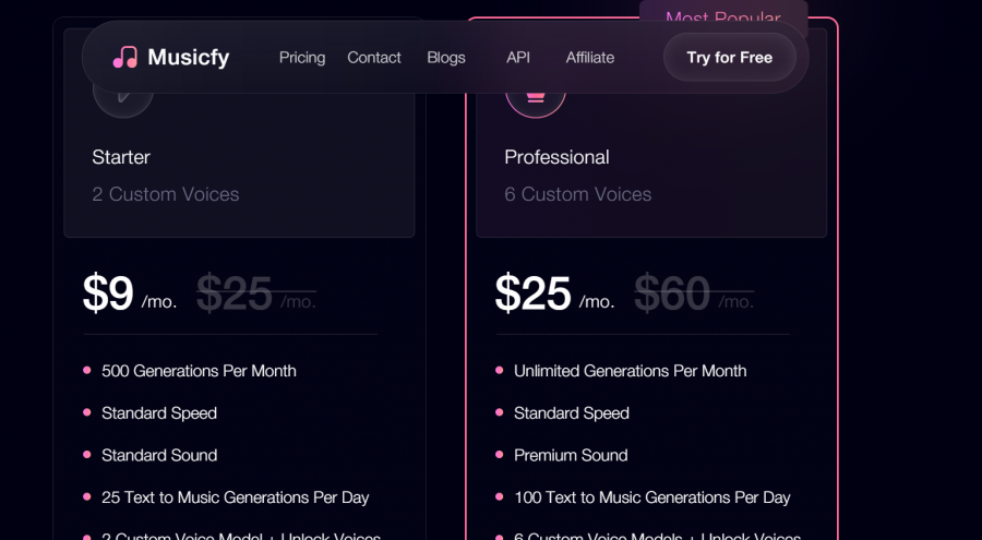 Musicfy Pricing Screenshot