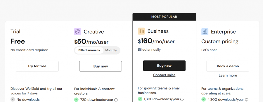 WellSaid Pricing Screenshot