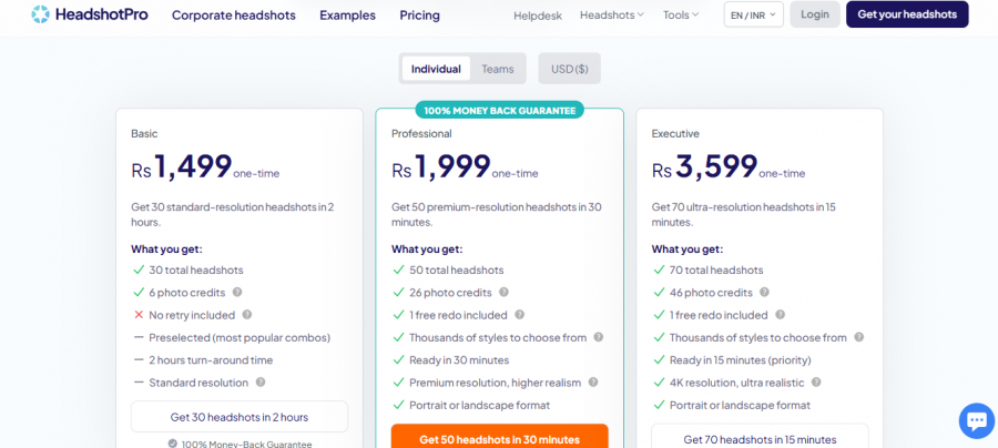 Headshot Pro Pricing Screenshot