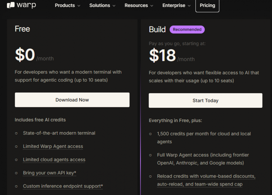 Warp AI Pricing Screenshot