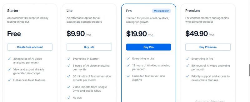 2short.ai Pricing Screenshot