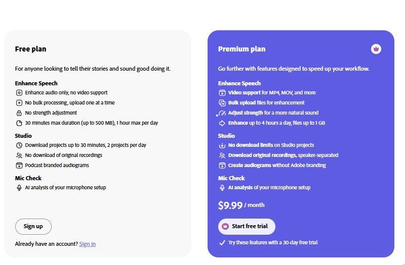 Adobe Podcast Pricing Screenshot