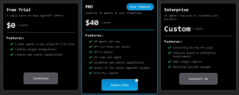 AgentGPT Pricing Screenshot