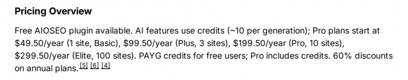 AIOSEO AI Content Generator Pricing Screenshot