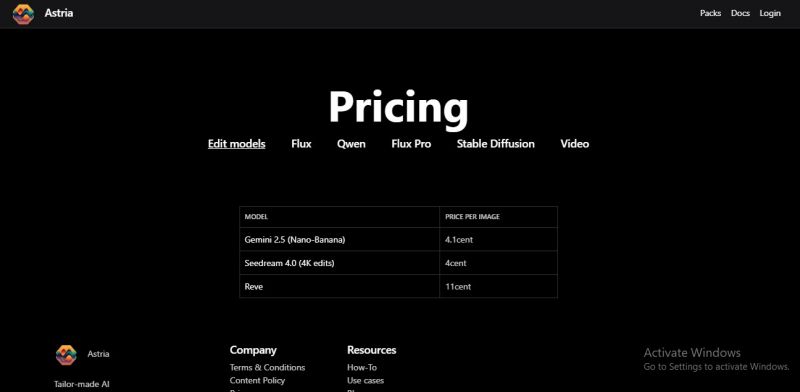 Astria AI Pricing Screenshot