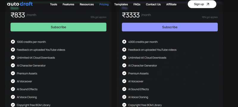 Autodraft Pricing Screenshot