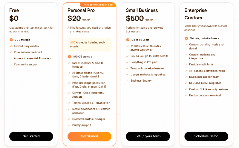 Bearly AI Pricing Screenshot