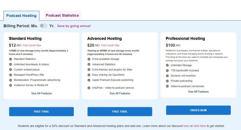 Blubrry Pricing Screenshot